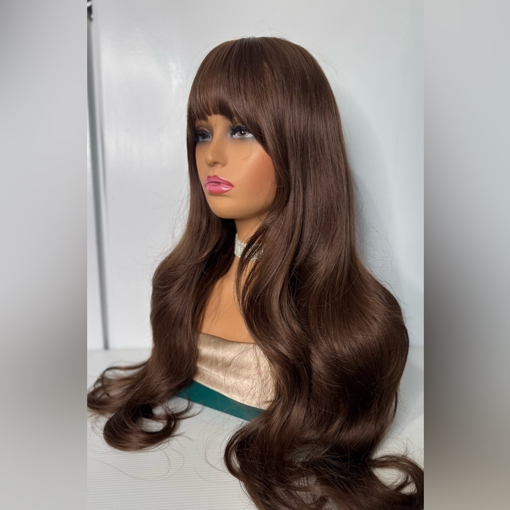 Beautiful Long Wavy Brown Wig with Bangs - Picture 6 of 10